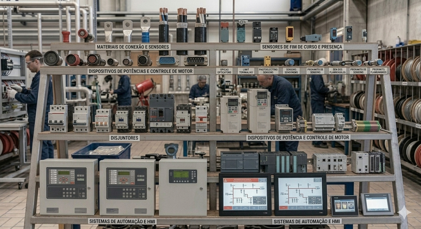 Materiais elétricos industriais para instalações, painéis e infraestrutura elétrica